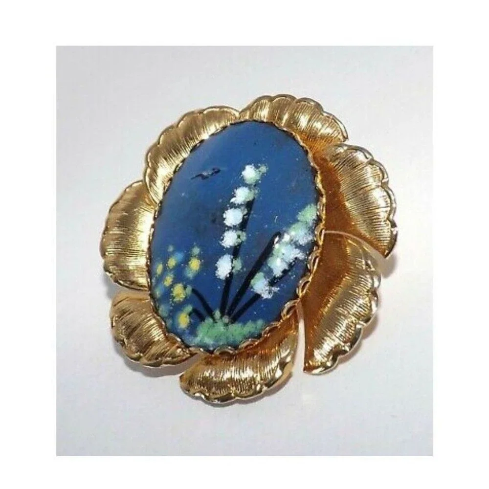 Vintage Enamel on Copper Picture Flower Scenery Gold plated Brooch Pin Pendant